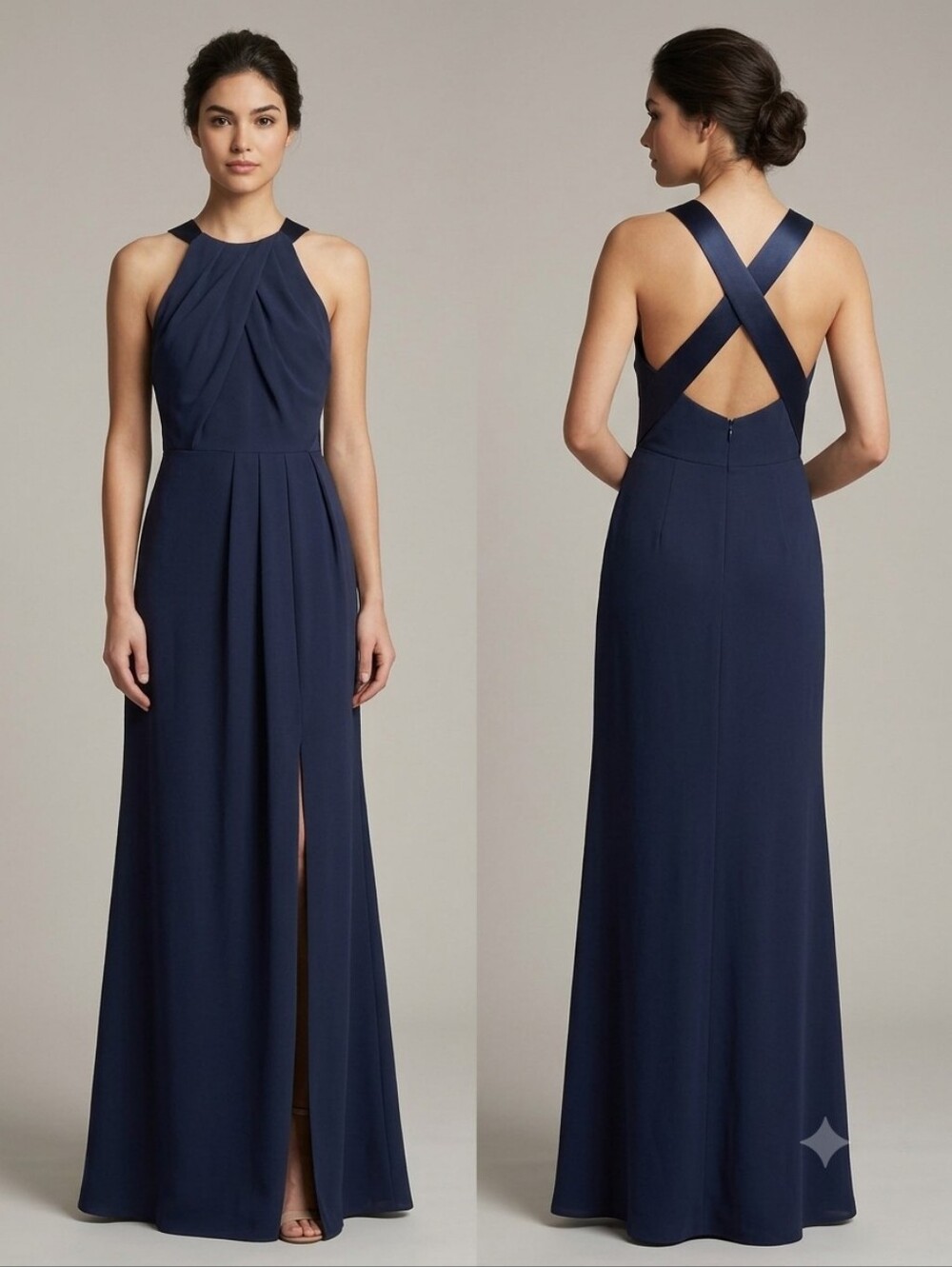 White by Vera Wang Pleated Cross-Back Maxi Bridesmaid Dress Midnight Navy 8